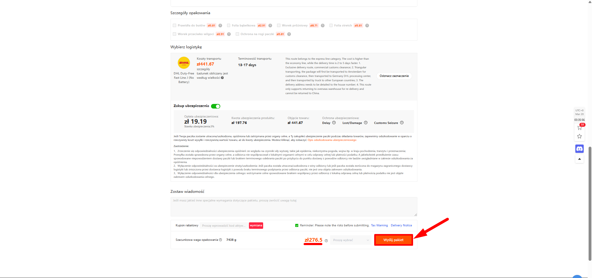 Wysłanie pakietu u agenta Kakobuy